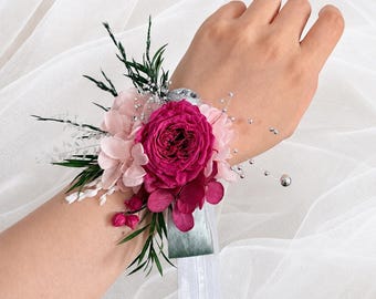 Fuchsia Hot Pink Preserved Rose Boutonniere & Wrist Corsage , Silver Accent Blush Floral Accessories for Prom Wedding Groomsmen