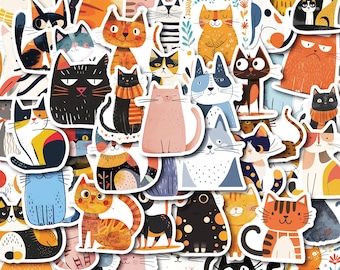 50 pegatinas de gatitos de dibujos animados, calcomanías de vinilo PP impermeables para diario, portátil, álbum de recortes, paquete de pegatinas de gatos kawaii para manualidades.