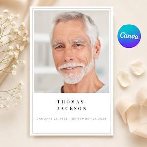 Könnte beinhalten: Eine rechteckige Gedenkkarte mit dem Porträt einer älteren Person mit grauem Haar und Bart. Unter dem Bild steht der Text THOMAS JACKSON, gefolgt von den Daten 25. JANUAR 1975 - 21. SEPTEMBER 2029 in schwarzer Schrift.