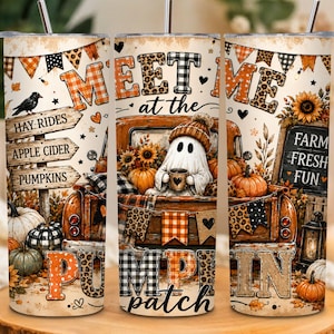 May include: A cylindrical tumbler featuring a fall-themed design with a ghost holding a mug in a truck bed, surrounded by pumpkins, sunflowers, and lanterns. The text reads MEET ME at the PUMPKIN patch, HAY RIDES, APPLE CIDER, PUMPKINS, and FARM FRESH FUN.