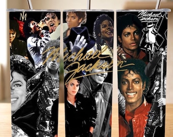 May include: A cylindrical stainless steel tumbler featuring a collage of Michael Jackson photographs in black, white, and red. The design includes the text Michael Jackson in gold script, a silver straw, and a clear lid. The imagery depicts various poses.