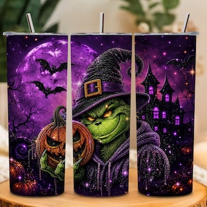 May include: A cylindrical tumbler featuring a purple Halloween-themed design with a green creature wearing a witch hat, a carved pumpkin, a large full moon, flying bats, and a dark castle silhouette, topped with a silver metal straw.