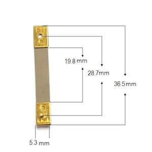 May include: A rectangular metallic strap with gold-toned end caps, each featuring a small circular hole. Technical diagrams indicate a width of 5.3 mm, with internal spacing of 19.8 mm, 28.7 mm, and a total length of 36.5 mm for the component.