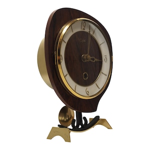 1966 ORFAC Mid-Century Modern Desk Clock | Dutch Design Wood & Brass Pendulum