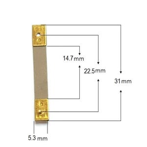 May include: A rectangular metal component with gold-toned ends and a central grey strip. Technical diagrams indicate a total length of 31 mm, a width of 5.3 mm, with internal spacing measurements of 14.7 mm and 22.5 mm between the gold-toned sections.