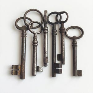 Antique Iron Skeleton Keys Lot: Victorian Barrel Keys, Movie Props, Steampunk (Set of 6) / SKU818