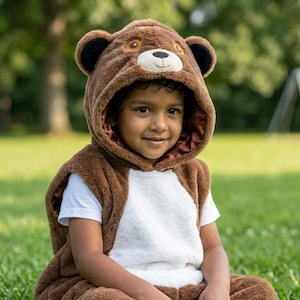 May include: A child in a brown bear costume with a hood and a white chest. The costume has a plush texture and features bear ears and a bear face on the hood. The child is sitting on green grass in an outdoor setting.