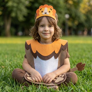 May include: A child in a lion costume sits on grass. The costume features a brown and orange tunic, trousers, and a lion-faced headband. The outfit includes paw prints and a tail. The child is smiling at the camera.