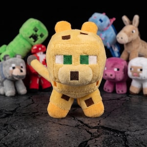 May include: A selection of plush toys depicting various characters. The toys include a yellow cat-like creature, a green creeper, a grey wolf, a red mushroom, a blue axolotl, a brown donkey, a pink pig, and a white sheep.