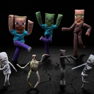 May include: A collection of Minecraft plush toys in various character designs. The plushies feature blocky heads and bodies, with distinct colors and outfits. The characters are posed in dynamic positions against a dark background.