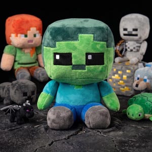May include: A collection of Minecraft plush toys, including a large green zombie, Steve, a skeleton, a wolf, a turtle, a dragon, and a gray cube. The plushies are soft and colorful, with pixelated designs.