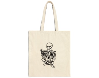 Reading Skeleton Tote Bag | Book Lover Literary Canvas Bag