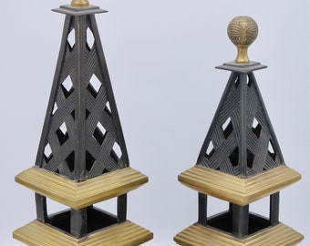 Vintage Mid Century Modern Black and Gold Iron Obelisks