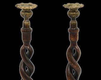 Antique English Barley Twist Oak Wood and Brass Candlesticks