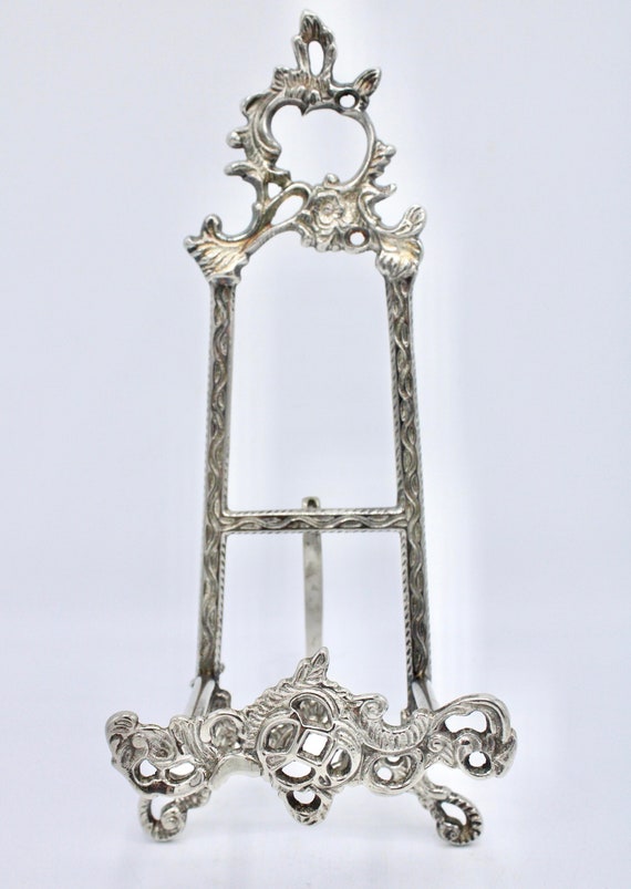 Vintage Silver Plate Brass Easel Art Tray Plate Picture Holder Stand