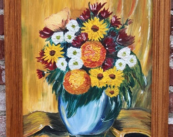 Vintage 1960s Floral Still Life Original Oil Painting