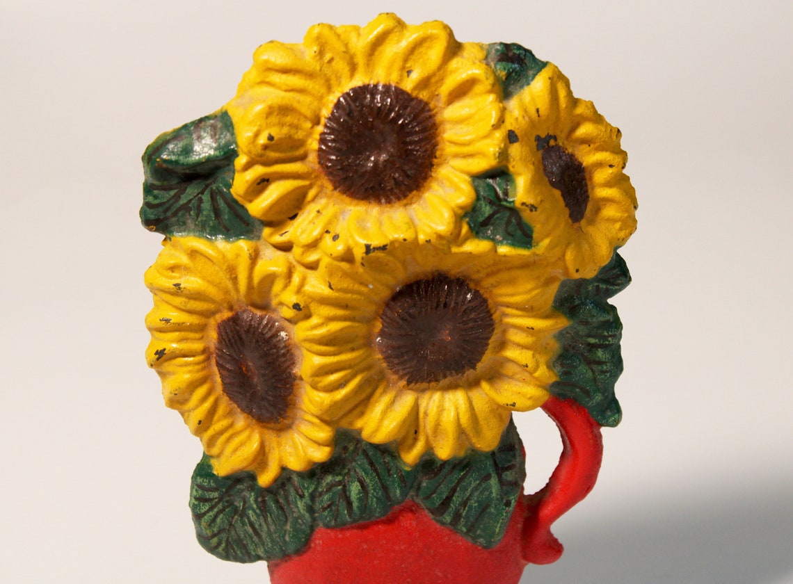 Antique Cast Iron Sunflowers in Red Vase Door Stop / Garden Statue Etsy