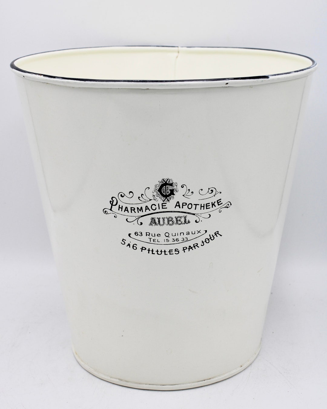 Vintage French White Metal Wastebasket Etsy