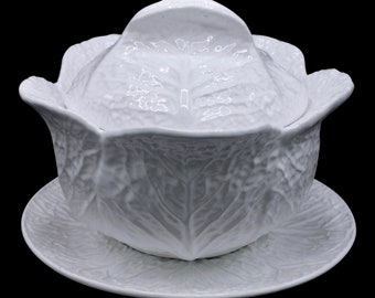 Mid-20th Century Large White Cabbage Pottery Tureen and Plate