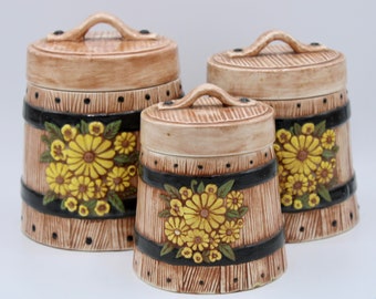 Vintage Farmhouse Ceramic Sunflower Canisters - Set of Three