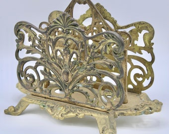 Antique Art Nouveau French Brass Letter Rack / Stationary Holder