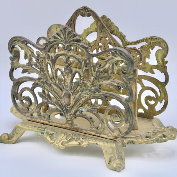 Antique Art Nouveau French Brass Letter Rack / Stationary Holder