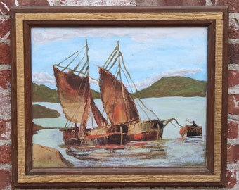Vintage Nautische Segelboot Original Ölgemälde