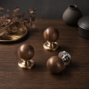 Brass Walnut Wood Knobs | Mid Century Cabinet Handles | French Antique Bronze Pulls | Ball Drawer Grip