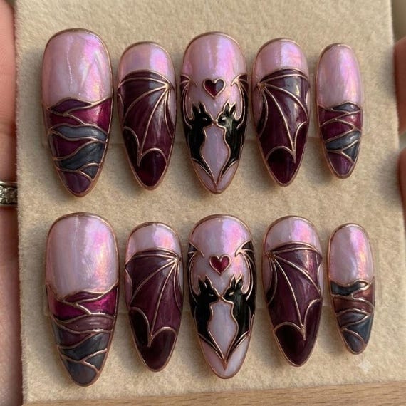 3D Romantic Goth Wolf & Bat Press On Nails | Iridescent Stained Glass Purple Nails | Pink Halloween Bat Wing False Nails | Whimsigoth Art