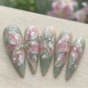 Handmade Hand Painted Lily Press On Nails, 3D Silver Liquid Metal Art, Ethereal Sage Green & Pink Floral Nails, Reusable Stiletto Full Set