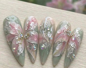 Handmade Hand Painted Lily Press On Nails, 3D Silver Liquid Metal Art, Ethereal Sage Green & Pink Floral Nails, Reusable Stiletto Full Set