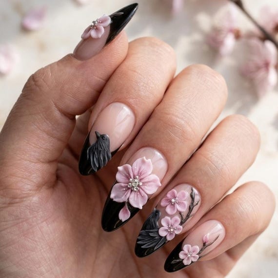 3D Raven Sakura Press On Nails, Gothic Cherry Blossom Nails, Black French Tip Luxury False Nails, Hand Sculpted Crow Art, Spooky Spring Art