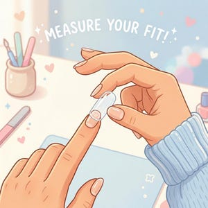 Peut inclure: Un embout d'ongle press-on transparent de forme ovale portant l'inscription SIZE 4, tenu au-dessus d'un ongle naturel. L'illustration comporte le texte MEASURE YOUR FIT! au-dessus de l'embout, avec divers outils de manucure en arri&egrave;re-plan.