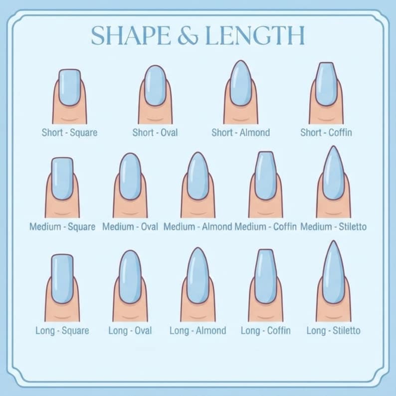 Peut inclure: Un tableau bleu clair intitul&eacute; SHAPE & LENGTH pr&eacute;sentant diverses formes et longueurs d'ongles. La grille inclut des options courtes, moyennes et longues pour les styles carr&eacute;, ovale, amande, cercueil et stylet, illustr&eacute;s par un ongle bleu.