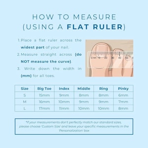 Peut inclure: Un tableau d'instructions intitul&eacute; HOW TO MEASURE (USING A FLAT RULER) avec trois &eacute;tapes et un sch&eacute;ma montrant une r&egrave;gle transparente sur des orteils. Un tableau liste les tailles S, M et L avec les mesures en mm pour chaque orteil.