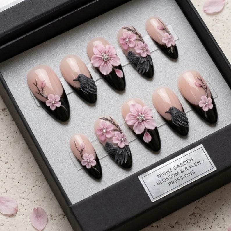3D Raven Sakura Press On Nails, Gothic Cherry Blossom Nails, Black French Tip Luxury False Nails, Hand Sculpted Crow Art, Spooky Spring Art image 4