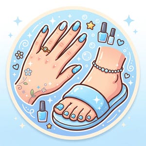 Peut inclure: Une illustration circulaire montrant une main aux ongles manucur&eacute;s bleu clair, une bague dor&eacute;e et des tatouages floraux, &agrave; c&ocirc;t&eacute; d'un pied portant une sandale bleu clair avec une p&eacute;dicure assortie et une chevill&egrave;re perl&eacute;e, et des vernis &agrave; ongles.