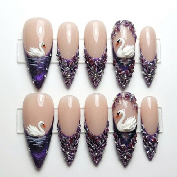 3D Swan Lake Press On Nails | Purple Floral French Tip Luxury Nails | Hand Sculpted White Swan False Nails | Stiletto Dark Romance Art