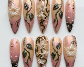 Uñas postizas 3D botánicas celestiales, arte místico de enredaderas, uñas postizas de bruja