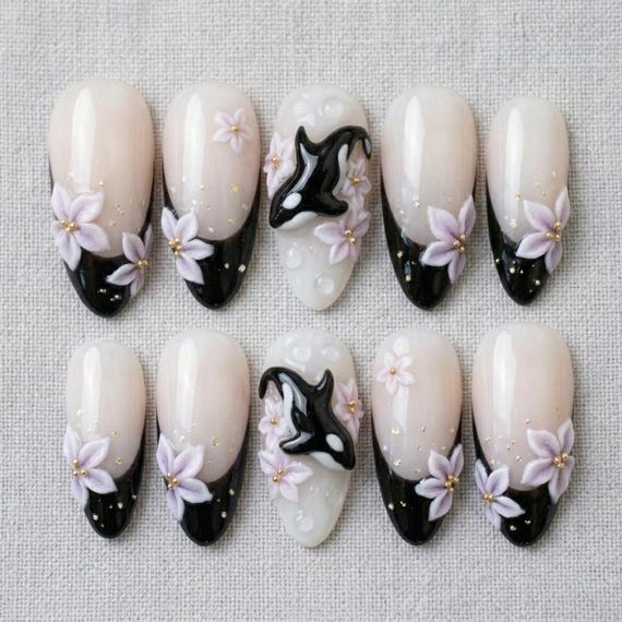 3D Orca Press On Nails | Killer Whale & Lavender Flower Nails | Black French Tip Luxury False Nails | Handmade Marine Life Art