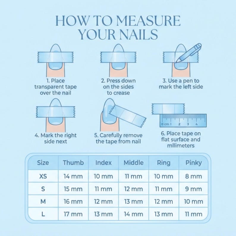 Peut inclure: Une infographie intitul&eacute;e HOW TO MEASURE YOUR NAILS avec six &eacute;tapes illustrant l'application de ruban adh&eacute;sif, le marquage et la mesure avec une r&egrave;gle, ainsi qu'un tableau des tailles indiquant les mesures en millim&egrave;tres pour chaque doigt.