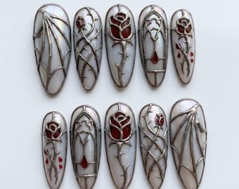 Faux ongles à coller effet vitrail gothique | Épines de rose 3D et ailes de chauve-souris | Esthétique vampirique | Chrome argenté irisé | Ongles de luxe faits main