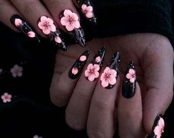 Vernis à presser Sakura foncé phosphorescent, fleurs de cerisier du Japon lumineuses, faux ongles à fleurs noires