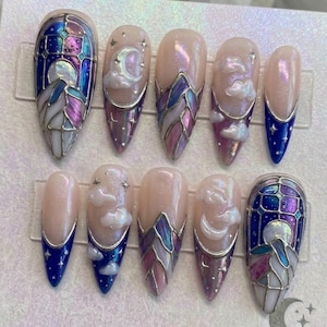 3D Celestial Stained Glass Press On Nails, Iridescent Pearl Moon Cloud Nails, Luxury Art Nouveau Mountain False Nails, Handmade Witchy Art
