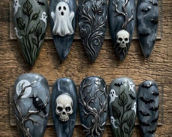 3D Gothic Skull & Ghost Halloween Press On Nails | Smoky Grey Marble Haunted Forest Art | Luxury Handmade Reusable Glue Ons | Alt Art V0303