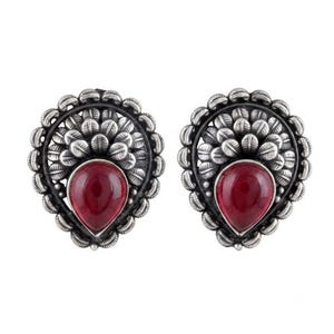 Antique 925 Oxidized Silver Floral Stud Earrings | Deep Red Teardrop Cabochon, Ethnic Style