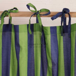 Green & Navy Blue Striped Tie Top Curtain Panel, Cotton Kitchen Curtain, Boho Farmhouse Coastal Decor