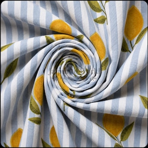 May include: A close-up of a fabric with a blue and white striped pattern. The fabric is swirled, revealing a design of yellow lemons with green leaves. The fabric is likely cotton or linen, suitable for home decor or apparel.
