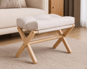 Taburete plegable de madera, banco acolchado para entrada, taburete para cambiarse de zapatos, otomana de madera maciza, pequeño reposapiés