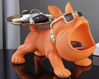 Bandeja para llaves con forma de bulldog: Organizador moderno con forma de estatua de perro y gafas de sol, escultura de almacenamiento para la entrada - 30x17x20cm